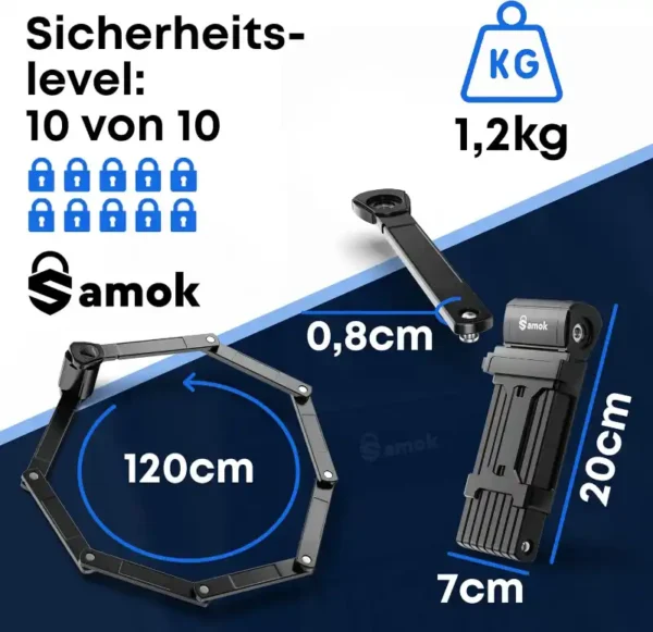 Samok Faltschloss 120 cm – Hochsicheres Fahrradschloss mit Halterung – Bild 2
